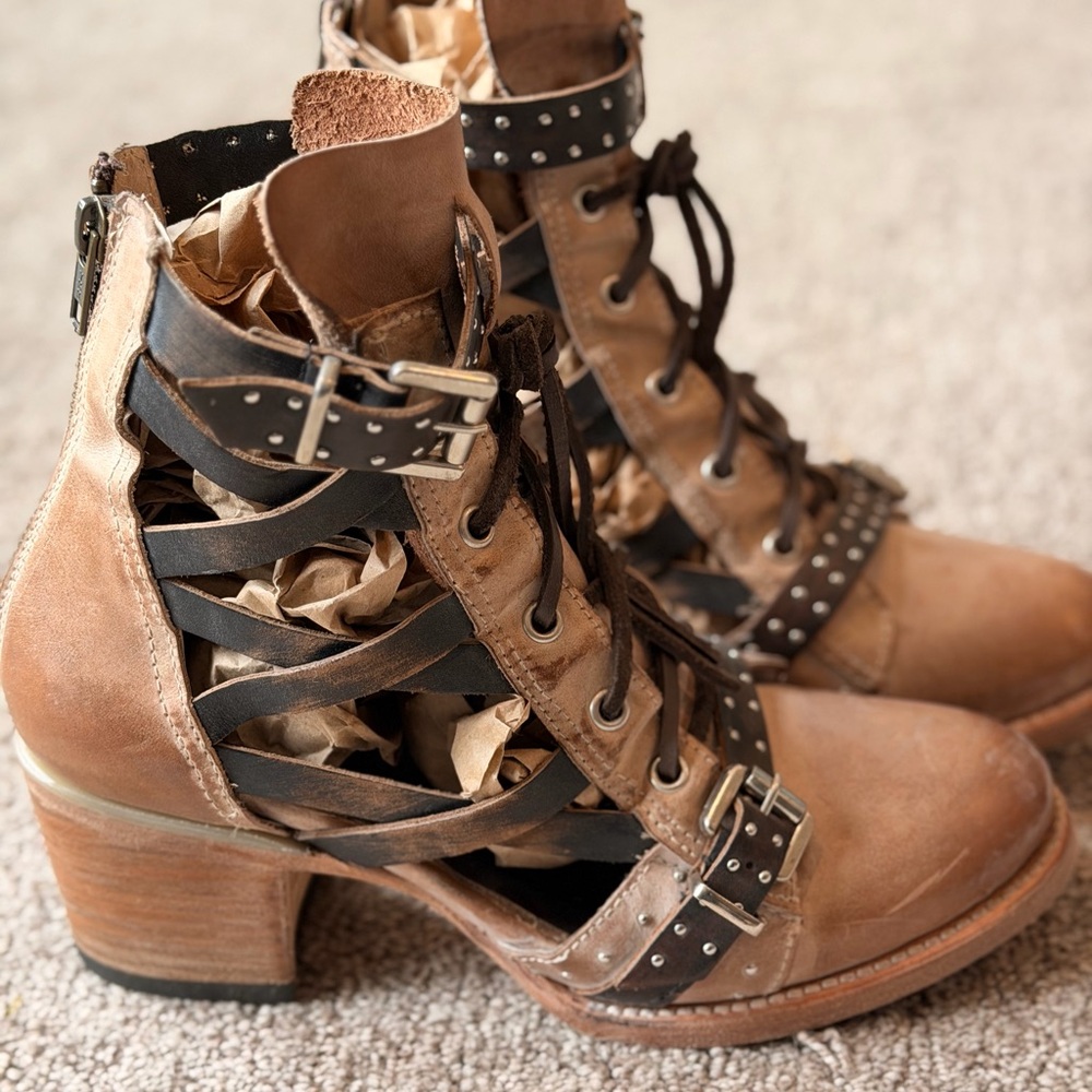 Freebird Brown Leather Ankle Boots with Studded Straps - Picture 2 of 7